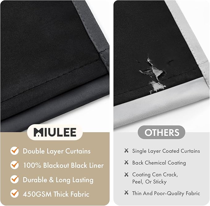 MIULEE Grey 100% Blackout Curtains for Bedroom 90 Inch Long, 2 Thick Layers Thermal Insulated Black Out Window Curtains with Black Liner, Noise Reducing Grommet Living Room Drapes 2 Panels Set
