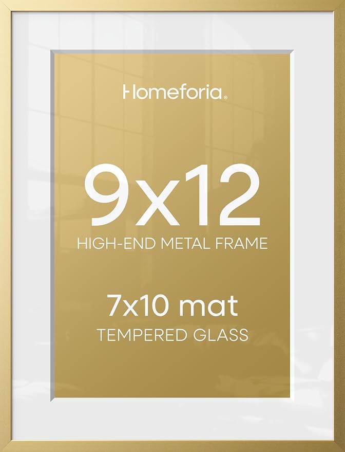 Homeforia 9x12 Gold Frame, High End Metal 9 x 12 Picture Frames with Mat 7 by 10 inch Photo, 9by12 Thin Poster Frame Matted to 7x10 Art, 12x9 Wall or Tabletop Frame, Tempered Glass, Wall Kit, Set of 3