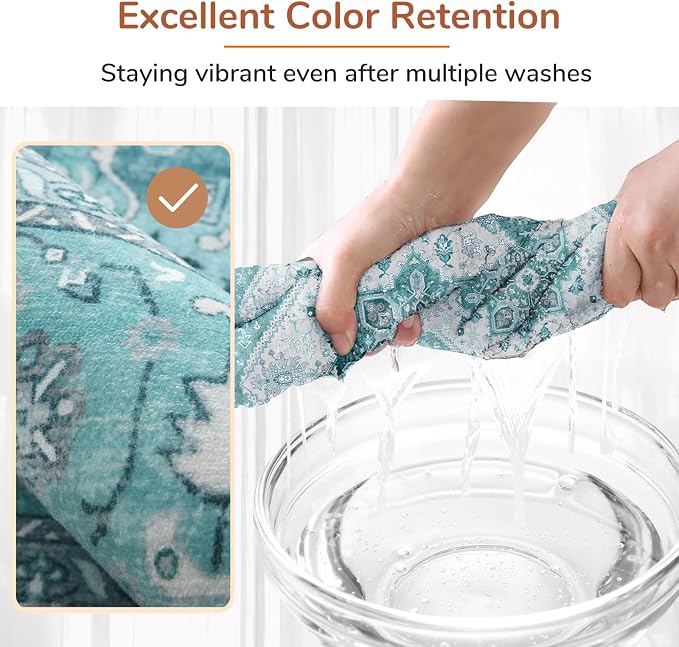 OPPODREAM Soft Area Rugs 4x6, Low-Pile Washable Rugs 4x6 with Non Slip Backing, Faux Cashmere 4 x 6 Throw Carpet, Teal & Turquoise & Cream