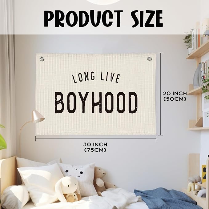 Long Live Boyhood Banner, Boys Room Decor, Vintage Banner Wall Hanging Flag Decor for Toddler Boy Room Nursery Playroom 20x30