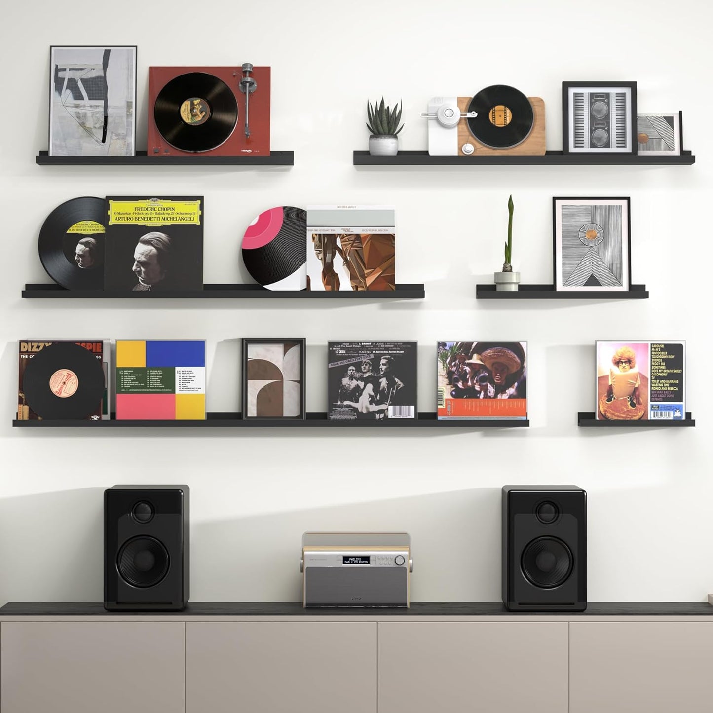 Heimlove Picture Ledge Shelf, Floating Shelves Set of 2, 56 Inches Picture Shelf for Wall with Ledge, Kids Bookshelf Wall Mounted for Living Room Bedroom Decor Books Photo Frames, Black