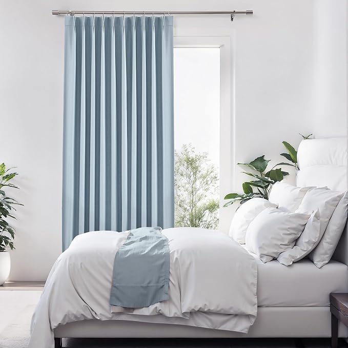 Central Park Dusty Blue Pinch Pleat Full Blackout Curtain Panel 112 Inches Long Thermal Insulated Drapery with Blackout Liner for Farmhouse Bedroom Window Treatment Sets with Hooks, 60"x112"x1