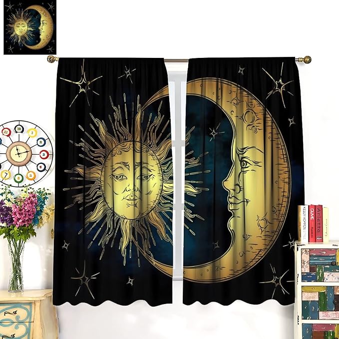 Sun Moon Blackout Windows Curtains, Boho Chic Art Golden Sun Moon and Stars Over Blue Black Sky Antique Style Curtains, for Living Room Bedroom 42x63in 2 Panels