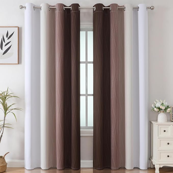 Estelar Textiler Brown and Greyish White Gradient Blackout Curtains 102 Inches Long for Bedroom, Thermal Insulated Full Room Darkening Ombre Grommet Drapes for Living Room, 52Wx102L, 2 Panels