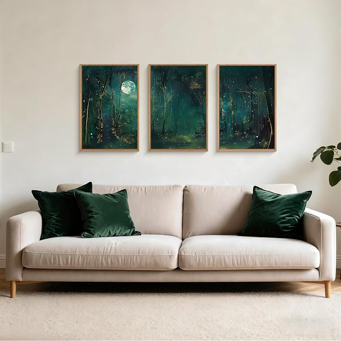 Large Vintage Moon and Star Forest Framed Canvas Wall Art,Mystical Night Sky Scenery Wall Decor,Moody Tree Landscape Artwork,Magical Midnight Art Print for Living Room,Bedroom,Office- 24"x36"x3