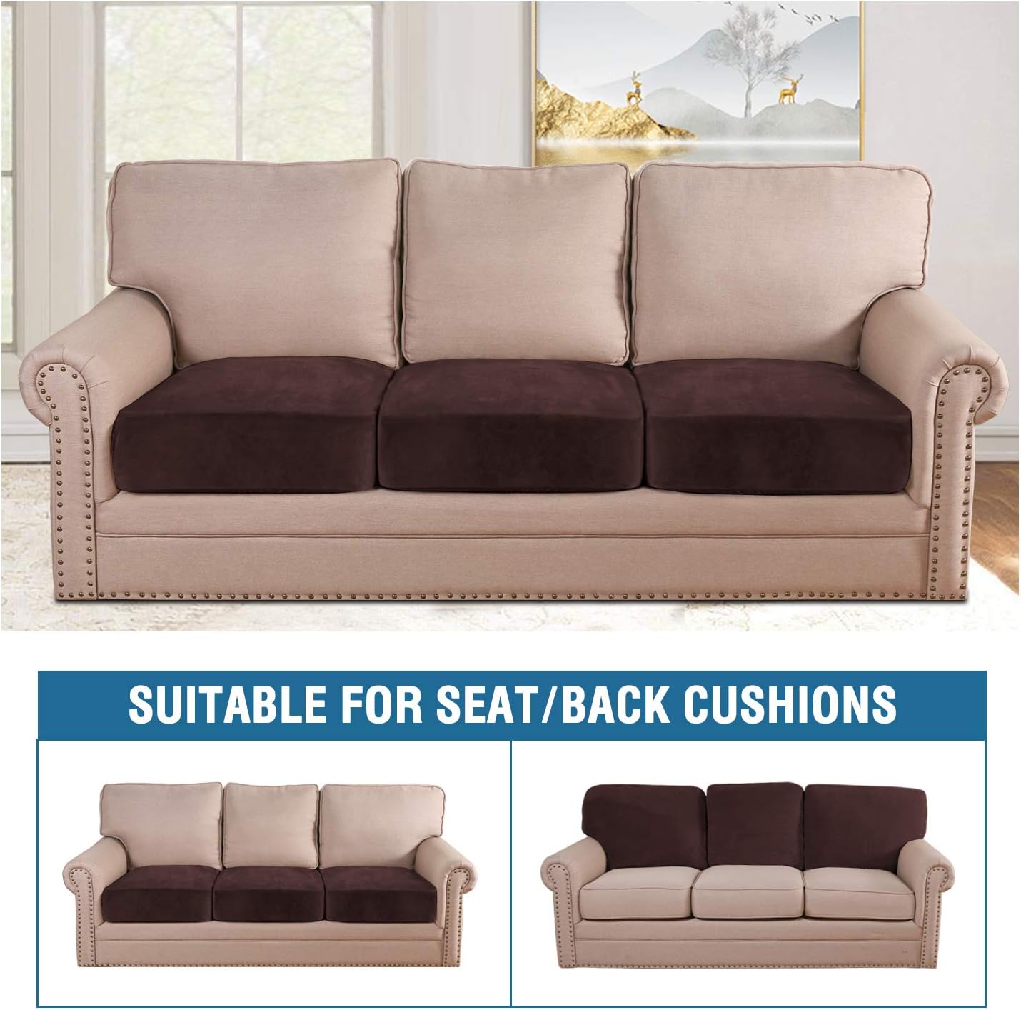 H.VERSAILTEX Velvet Stretch Couch Cushion Cover Plush Cushion Slipcover for Chair Loveseat Sofa Cushion Furniture Protector Seat Cushion Sofa Cover (3 Piece XL Sofa Cushion Covers, Brown)