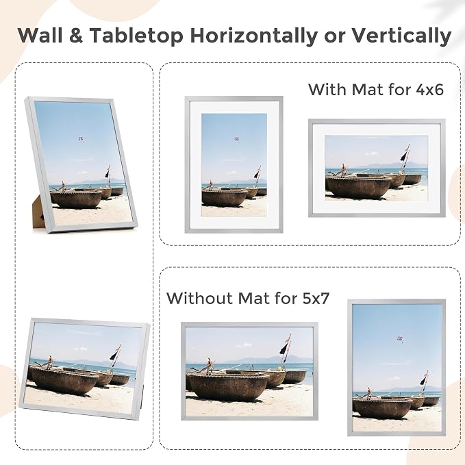FLYJOE 5x7 Picture Frame - Metal Frame With Mat For 4x6 | 5 x 7 Aluminum Photo Frame | Plexiglass And Hanging Hardware Included | 5x7 Silver Picture Frame | 3Pcs, Silver