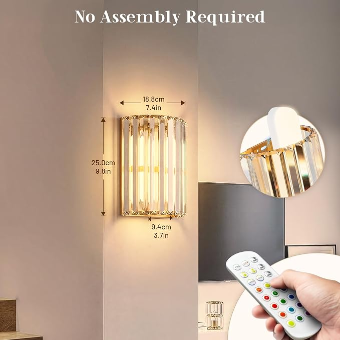 Gold Battery Operated Wall Sconces Set of Two, Crystal Wireless Wall Lights with Remote, Rechargeable Cordless Wall Lamps 12 RGB and 3 CCT Dimmable Decor for Bedroom Living Room Hallway