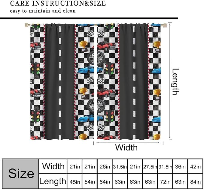 Race Car Curtain,Checkered Flag Black and White Race Cars Window Treatment Curtains Cloth Farbic for Kitchen Bedroom Cafe Dining Room Office Living Room Drapes Decor, 42x45 in