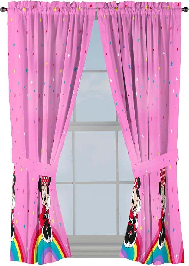 Sunny Side Up Window Curtains for Kids Bedroom 4-Piece Drape Set with 2 Tiebacks, Pink - Minnie Mouse, 42" W x 63" L (Pack of 2)