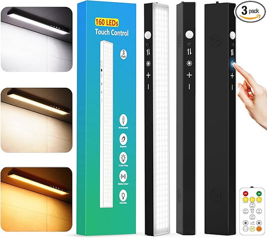 12inch 3Pack Touch Control Under Cabinet Lighting, 160LED Super Bright, 4000mAh Long-Lasting, Magnetic Rechargeable Motion Sensor Under Counter Lights for Kitchen, Closet, Remote, Dimmable, 3CCT丨Black