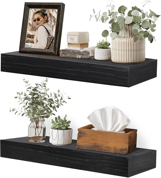 17x6.8x2 Inch Rustic Floating Shelves for Wall Set of 2 - Black Solid Wood Wall Mounted Shelves with Invisible Bracket, Compact Design for Farmhouse Living Room Bedroom Kitchen Decor