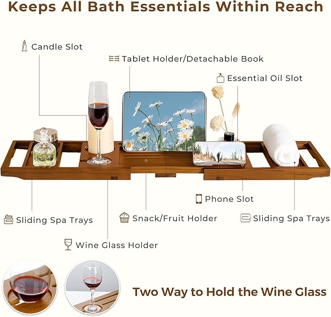 Teak Bathtub Tray, Luxury Bath Table Tray with Wine Glass and Phone Holders & Book Stand, Foldable Wooden Bathtub Caddy for Home Spa Relaxation, Bath Gift for Women（Natural Teak）