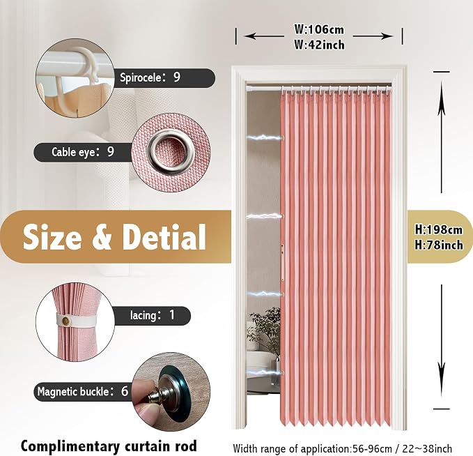 AJAZZ Accordion Interior Door Curtain 42"×78" Pink w/Free Rod, No-Drill Bedroom/Living Room Doorway