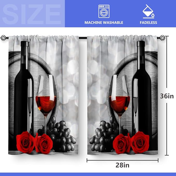 Red Rose and Wine Kitchen Curtains - Rustic Romantic Valentine Farmhouse Girls Women Short Tier Cafe Curtains Decor for Dining Room Art Country Rod Pocket Window Drapes 36 Inch Length 2 Panels Set