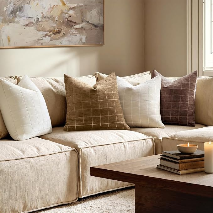 MIULEE Toffee Plaid Decorative Fall Throw Pillow Covers 22x22 Set of 2 | Vintage Check Chenille Couch Pillows Boho Farmhouse Cushion Covers Modern Fall Home Decor for Sofa Bed Living Room