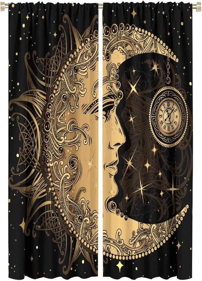 Sun Moon Blackout Windows Curtains, Retro Bohemian Antique Hippie Gold Sun Crescent and Star Curtains, for Living Room Bedroom 42x63in 2 Panels