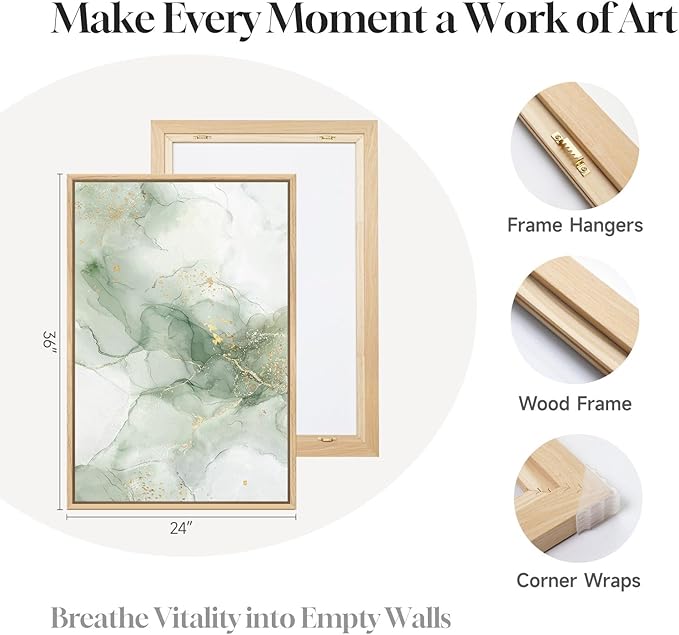 Framed Sage Green Abstract Wall Art for Living Room, Large Set of 2 Green Gold Canvas Artwork for Walls, Minimalist Modern Paintings Print Wall Decor for Bedroom Dining Room Office Hallway, 24x36 Inch