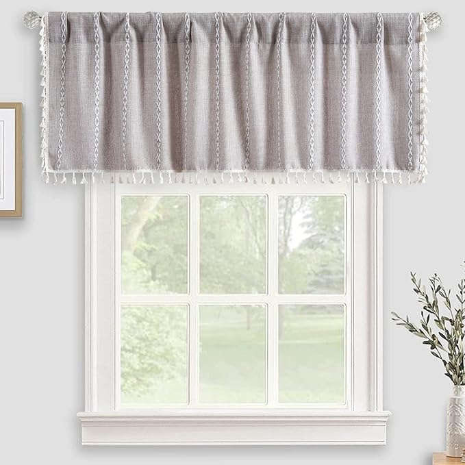 RoomTalks Rustic Farmhouse Kitchen Valances for Windows in Tan, 18’’L x 52’’W Boho Embroidered Striped Vintage Chic French Country Cottage Textured Tassel Curtain Valances for Bathroom Living Room
