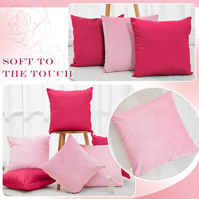 Berlune 12 Pcs Pink Picnic Velvet Throw Pillow Covers 18" x 18" Hot Pink Decorative Cushion Cases Soft Pillowcase Coquette Party Accessories Couch Sofa Bed Picnic Chair Home Decor, No Inserts
