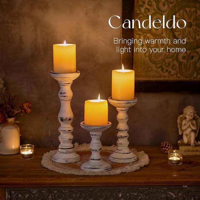 Candeldo Wood Candle Holder for Pillar, White Farmhouse Fireplace Decor | Set of 3, Table Centerpiece, Tall Shabby Chic Decor, Wooden Rustic Decoration for Mantle
