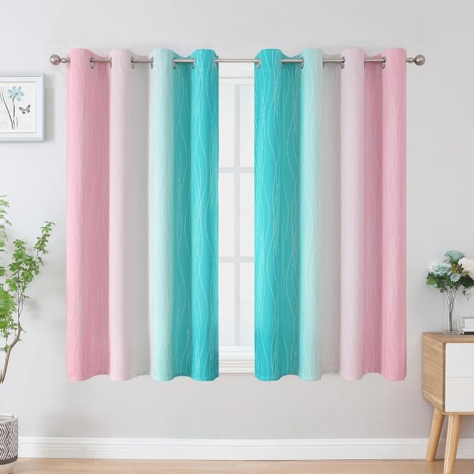 Estelar Textiler Pink and Teal Blackout Curtains 45 Inch Length, Full Light Blocking Gradient Drapes for Bedroom, Thermal Insulated Grommet Ombre Curtains for Bathroom, 52Wx45L, 2 Panels