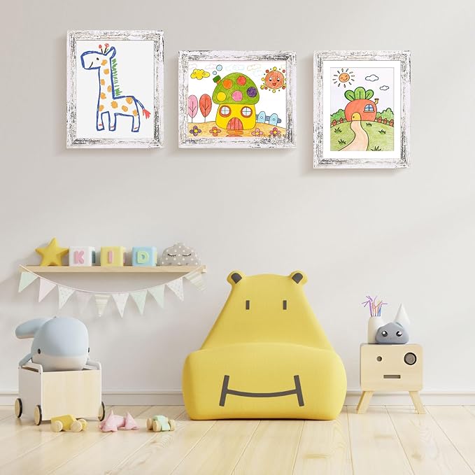 KINLINK 10x12.5 Kids Art Frame 2 Pack, Solid Wood Artwork Frames Changeable, Front Opening Hold 150 Pictures, Art Frames for Kids Artwork, 8.5x11 with Mat 10x12.5 without Mat, Picture Frames Rustic White