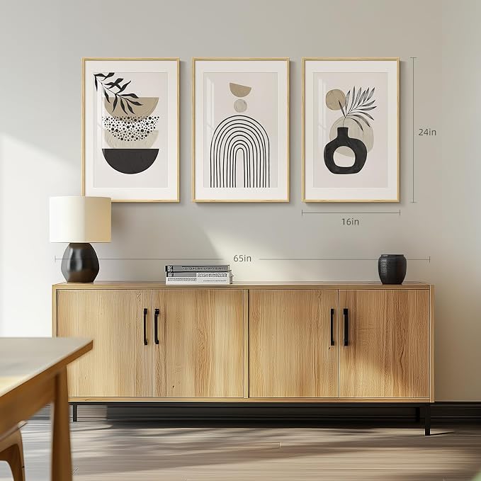 Framed Neutral Boho Wall Art Bedroom, 3 Piece Beige Mid Century Modern Paintings Prints Artwork for Walls, Large Bohemian Geometric Pictures for Living Room, Home Office Kitchen Wall Decor, 16x24 Inch