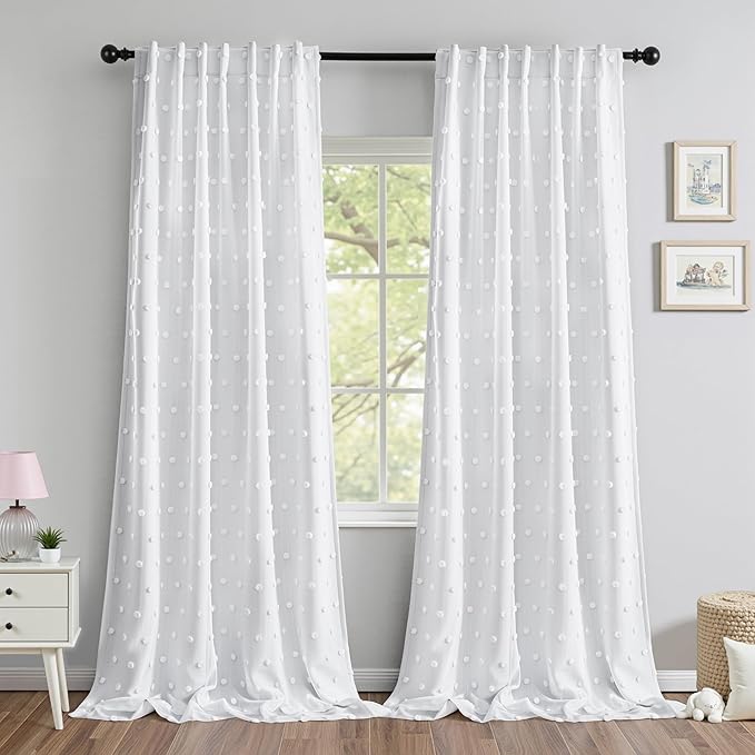 MYSKY HOME 100% Blackout Curtains for Living Room Bedroom 102 Inch Length Thermal Insulated Nursery Curtains 2 Panels Back Tab Light Filtering White Pom Pom Sheer Drapes for Sliding Door, 52W x 102L