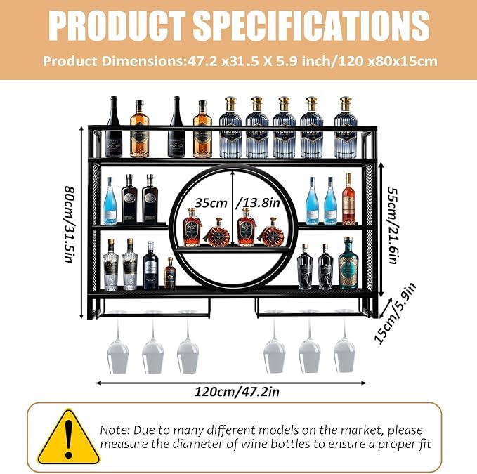 Metal Wine Rack Wall Mounted with LED Light, 3-Tier Bar Liquor Shelf with Wine Glass Holder, Modern Large Capacity Liquor Bottle Display Storage Shelf for Home Bar, Dining Room(Black, 120*80*15)