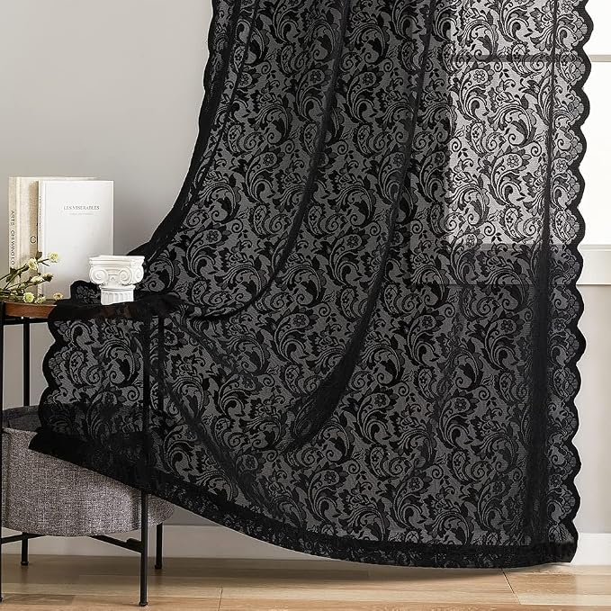 Black Floral Curtains 108 Inches Long 2 Panels Set Elegant Boho Lace Semi Sheer Curtain Drapes for Living Room Sliding Glass Door 9ft Tall Farmhouse/ Gothic/Skull /Halloween Decor, 52W x 108L Inch