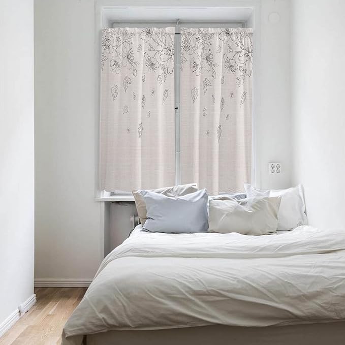 Kitchen Tier Curtains 63 inches Length, Flowers Leaves and Polka Dot Texture on Cotton Linen Window Curtains for Living Room Bath,Rod Pocket Light Filter Drapes Half Window Treatment Tiers 2 Panels