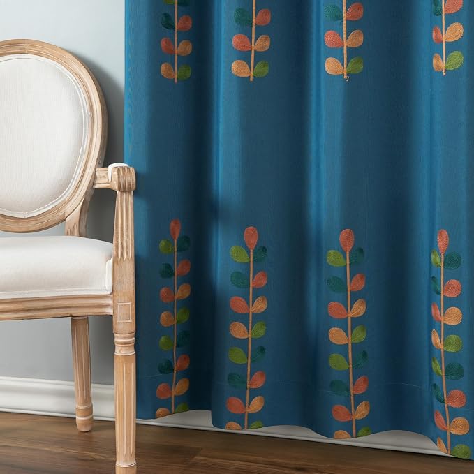 VOGOL Colorful Leaves Embroidered Curtains, Country Style Light Filtering Drapes for Dining Room, Blue View Reducing Privacy Grommet Window Treatments, 52 x 63 Inches, 2 Panels