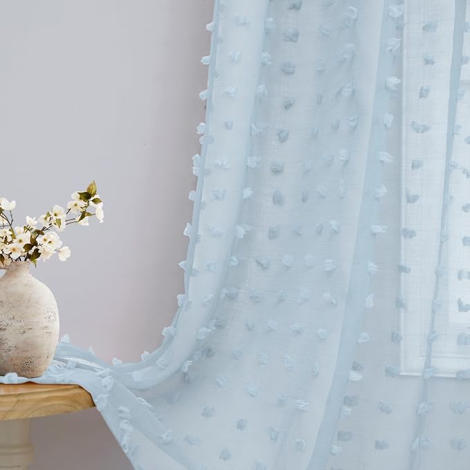 Light Blue Sheer Curtains 84 Inch Length 2 Panels Pom Pom Boho Sheer Window Curtains for Living Dining Room Baby Blue Drapes for Nursery Boys Kids Bedroom Back Tab Farmhouse Coastal Decor 52x84 Inch