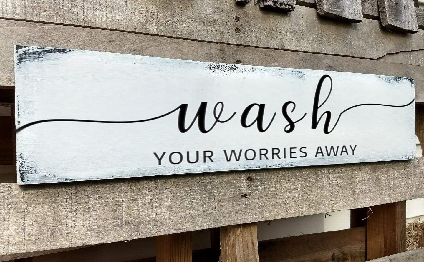 Farmhouse Bathroom Sign, Wash Your Worries Away, Rustic Wooden Bathroom Wall Art Decor, Inspirational Signs Bath Wall Hanging Art Home Decor (Wash) 4x16 Inch