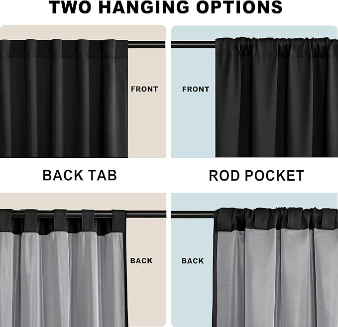 XWZO 100% Blackout Curtains 54 Inches Length with Tiebacks- Full Shade Thermal Insulated Double Layer with Black Liner for Bedroom/Living Room, Rod Pocket & Back Tab, Black, W52 x L54, Set of 2