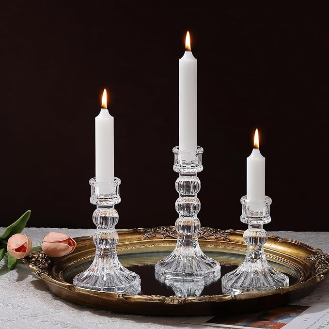Lewondr Glass Candle Holders, 3 Pack Simple Candle Holders for Pillar and Taper Candle, Vertical Stripe Design Candlesticks Tablet Candle Holder Holiday Home Decoration for Dinner Table, Clear