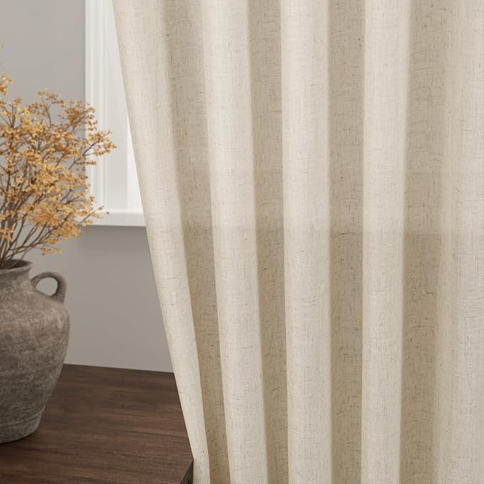 Nanspring Beige Cafe Curtains 45 Inch Length Set 2 Panel Back Tab Pocket Semi Sheer Short Linen Beige Curtain Tiers for Small Bathroom Window Basement 38x45