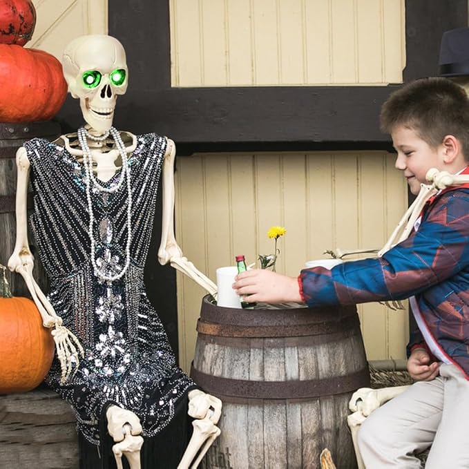 5.4FT Full Size Halloween Skeleton, Life Size Posable Skeleton with Glowing Eyes Scary Sound, Plastic Skeleton with Movable Joints for Halloween Decoration