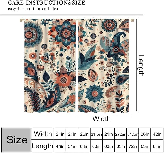 Bohemian Floral Curtains, Vintage Floral Natural Botanical Peris Pattern Window Treatments, Blackout Curtains for Bedroom Living Room42X54 Inch