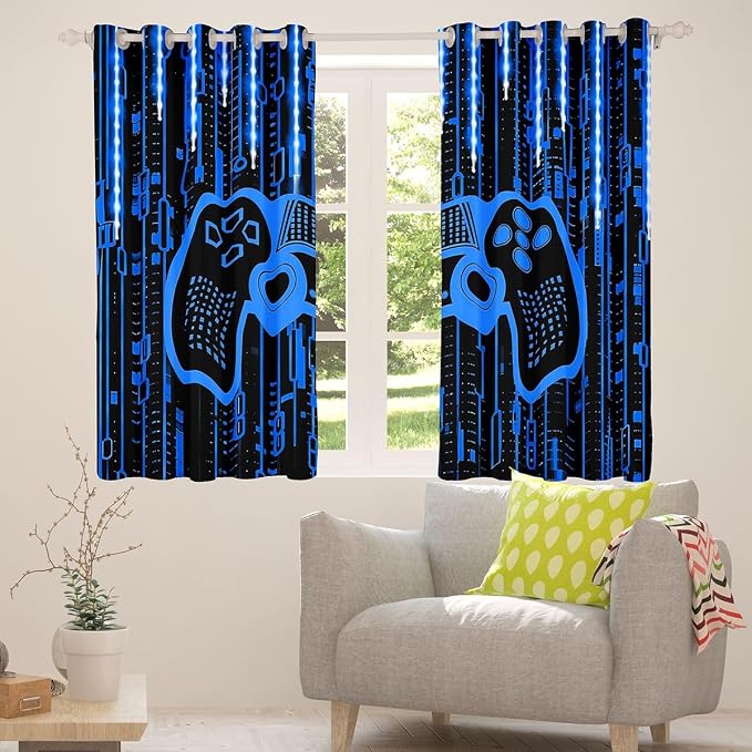 Feelyou Kids Boys Blue Gamer Darkening Drapes Gamer Blackout Curtains Game Window Curtains Light 3D Gaming Window Treatments Gamer (2 Panels, 52 x 84 Inch)