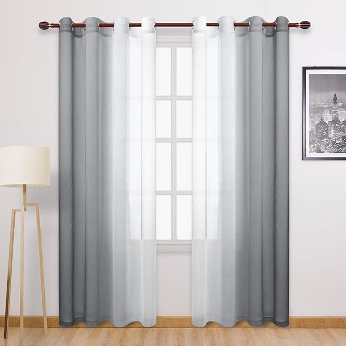 DWCN Grey Faux Linen Ombre Sheer Curtains - Semi Voile Gradient Grommet Top Curtains for Bedroom and Living Room, Set of 2 Window Curtain Panels, 52 x 90 Inches Long