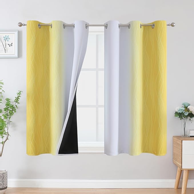 Estelar Textiler Yellow and Greyish White Ombre Blackout Curtains 45 Inch Length 2 Panels, Full Room Darkening Gradient Drapes for Bedroom,Thermal Insulated Grommet Short Curtains for Bathroom,42Wx45L