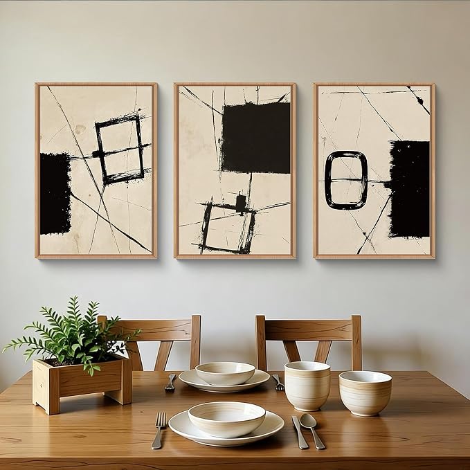 HOURIA Abstract Neutral Black Beige Brush Stroke Framed Canvas Wall Art Set,Wabi Sabi Geometric Grunge Line Shapes Wall Decor,Modern Minimalist Ink Sketch Artwork for Living Room,Farmhouse-16 x24 x3