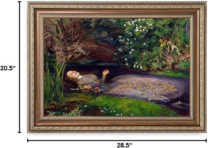 DECORARTS - Ophelia by John Everett Millais. Giclee Print on Canvas. Professionally Framed for Home and Office Decor. Ready to Hang. Total Size with Frame: 28.75x20.75 in.