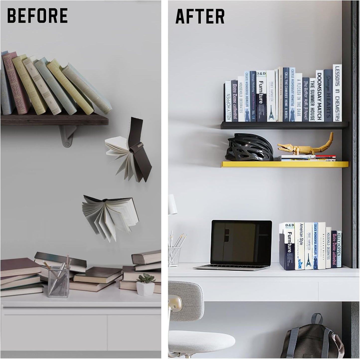 VONDERSO Metal Bookends Black, 2 Pairs Decorative Metal Book End Supports for Shelves Gauge Metal Book Divider Stopper Holders with Non-Slip Anti-Scratch Rubber Pads