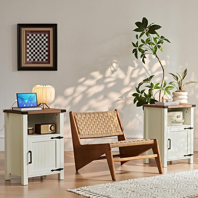 Joaxswe Nightstand with Charger Station and USB Port, 18 Inch Farmhouse Night Stand with Storage Shelf, Modern Couch Side Table with Magnetic Door, Bedside Tables for Bedroom, Home, Antique White