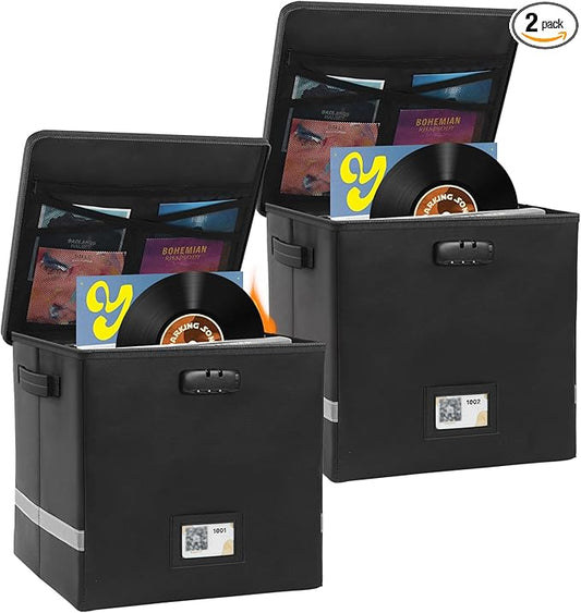 2 Packs Vinyl Record Storage Box with Smart Labels,Fireproof Record Crate Collapsible Waterproof Album Storage with Lid for LP Album Collection,100+ Single Records,Combination Lock Black
