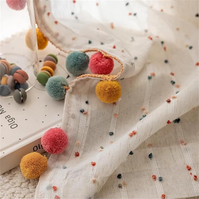 Boho Rainbow Sheer Curtain with Colorful Pom Pom Voile Drapes Faux Linen | Light Filtering Stripe Pompom Rod Pocket Window Drapes for playroom Bedroom/living room 2panels (W78 X L102 Inch-2PCS,White)
