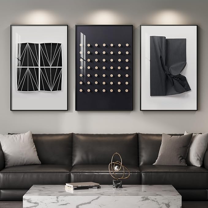 Large Framed Modern Elegant Black and White Abstract Wall Art for Living Room, 3 Piece Contemporary Prints Paintings, Big Size Geometric Pictures for Bedroom Entryway Home Office Wall Decor 24x36 In